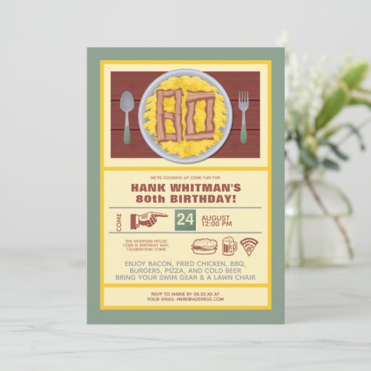 80e Verjaardagsfeest Mannen Funny Bacon Eggs Theme Kaart (Staand voorkant)