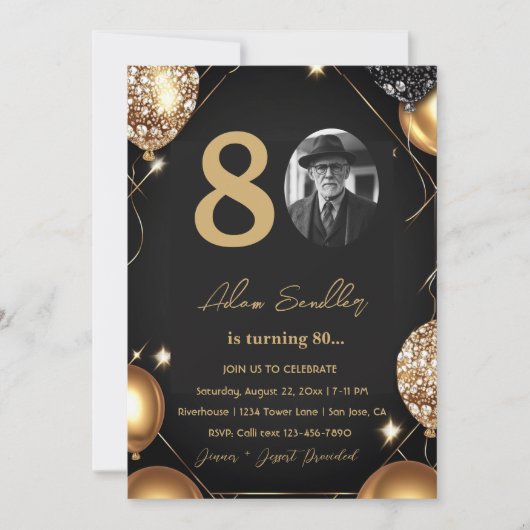 80e verjaardagsfeest met ballonnen en glitter kaart (Voorkant)