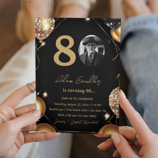 80e verjaardagsfeest met ballonnen en glitter kaart