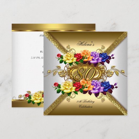 80e Verjaardagsfeest Multi Kleur Gouden Rozen Kaart (Voorkant / Achterkant)