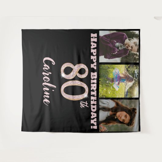 80e verjaardagsfeest, roze gouden glitter & 3 foto wandkleed (Voorkant (horizontaal))