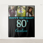 80e verjaardagsfeest, turquoise glitters & 3 foto' wandkleed (Voorkant)