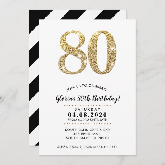 80E VERJAARDAGSFEEST UITNODIGEN moderne gouden gli Kaart (Voorkant / Achterkant)