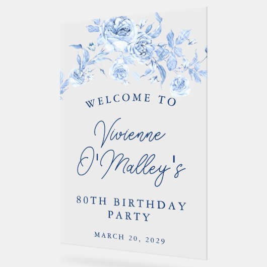 80e Verjaardagsfeest Welkom Blauw Roos Bloemen Acryl Bord (Hoek)