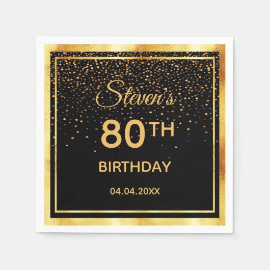 80e verjaardagsfeest zwart goud confetti servet (Voorkant)
