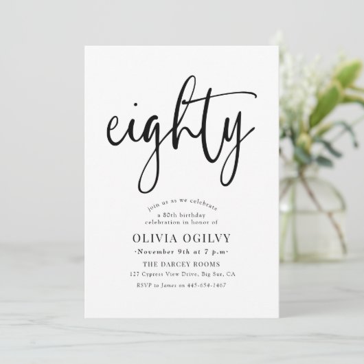 80e verjaardagsfeestje B&W moderne scripttypografi Kaart (Staand voorkant)