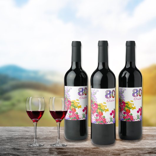 80e verjaardagsfeestje bloem boeket wijn labels etiket