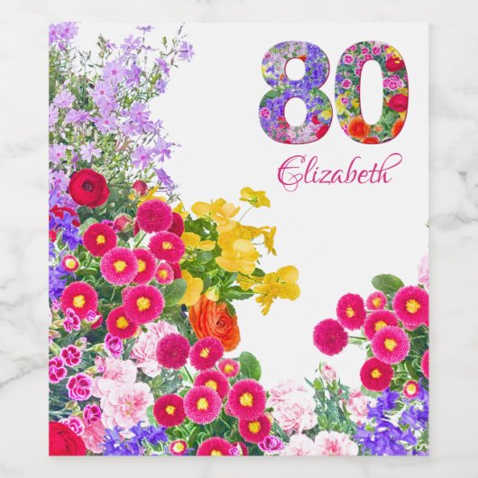 80e verjaardagsfeestje bloem boeket wijn labels wijn etiket (Enkel label)