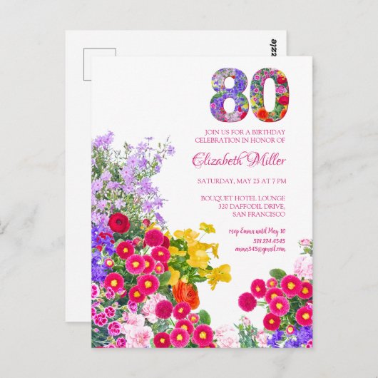 80e verjaardagsfeestje Bloemen Moderne uitnodiging (Voorkant / Achterkant)