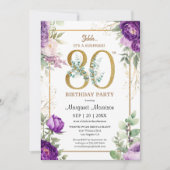 80e verjaardagsfeestje Elegant Gouden Paarse Pioen Kaart (Voorkant)