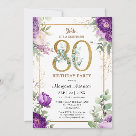 80e verjaardagsfeestje Elegant Gouden Paarse Pioen Kaart (Voorkant)