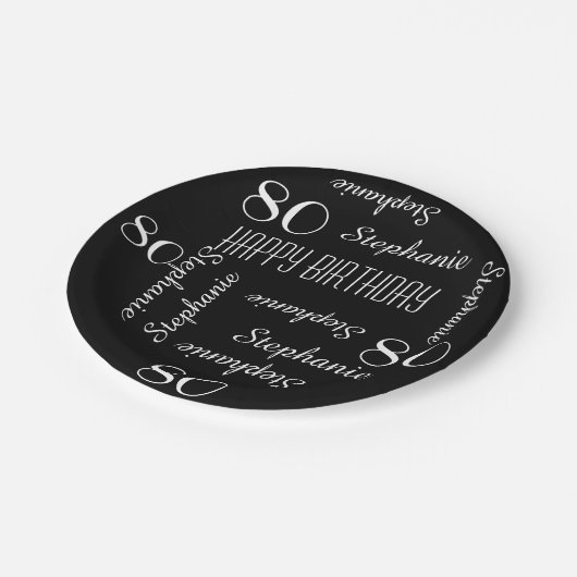 80e verjaardagsfeestje Herhalende namen Zwart Wit Papieren Bordje (Gekanteld)