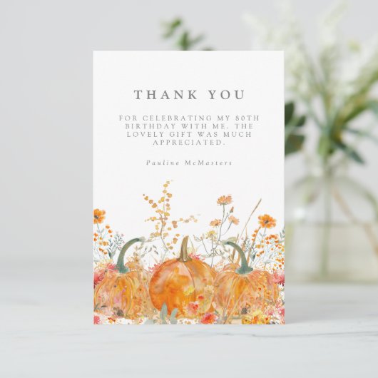80e verjaardagsfeestje pompoen Wildflower Custom Bedankkaart (Staand voorkant)