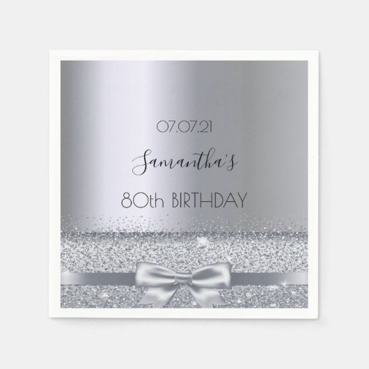 80e verjaardagsfeestje zilveren strik elegant servet (Voorkant)