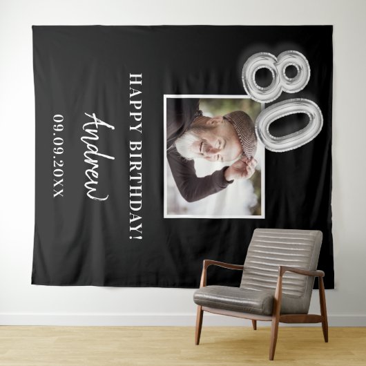 80e verjaardagsfeestje zwarte foto naam man wandkleed (In Situ (horizontaal))