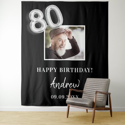 80e verjaardagsfeestje zwarte foto naam man wandkleed (In situ)