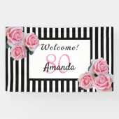 80e verjaardagsfeestje zwarte witte strepen floral spandoek (Horizontaal)