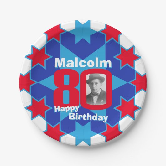 80e verjaardagsfoto: blauw star paper bord (Voorkant)