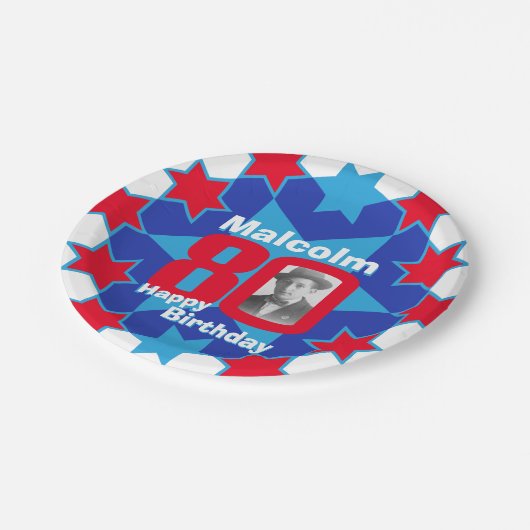 80e verjaardagsfoto: blauw star paper bord (Gekanteld)