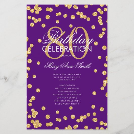 80e Verjaardagsprogramma Gold Paarse Glitter Menu (Voorkant)