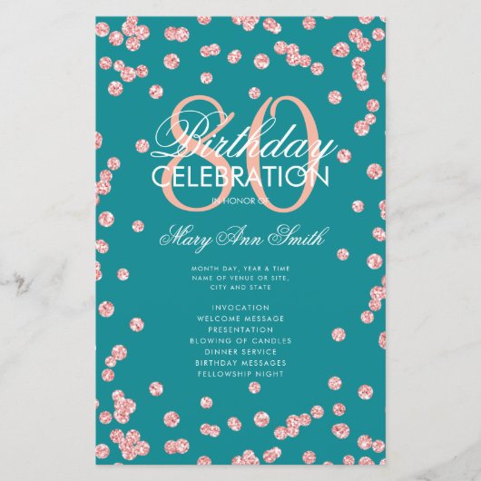 80e Verjaardagsprogramma Roos Goud Blauwgroen Glit (Voorkant)