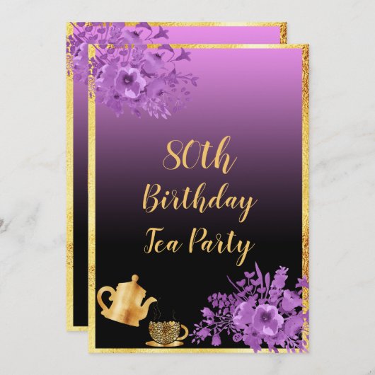 80e verjaardagstheefeestje uitnodiging zwarte paar (Voorkant / Achterkant)