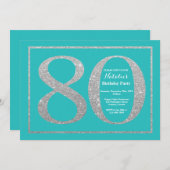 80e verjaardagsuitnodiging Blauwgroen en Silver Gl Kaart (Voorkant / Achterkant)