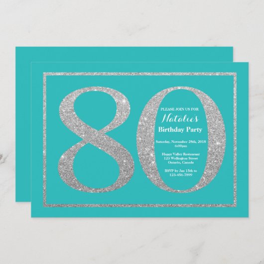 80e verjaardagsuitnodiging Blauwgroen en Silver Gl Kaart (Voorkant / Achterkant)