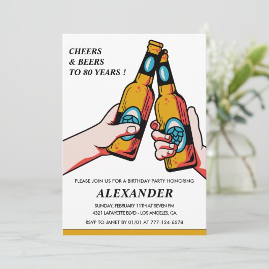 80e verjaardagsuitnodiging Cheers Beers Mannen Vin Kaart (Staand voorkant)