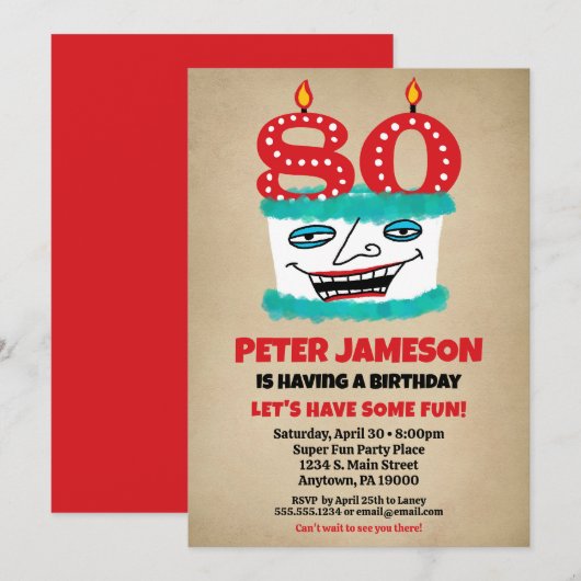 80e Verjaardagsuitnodiging Grappige taart Casual M Kaart (Voorkant / Achterkant)