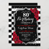 80e Verjaardagsuitnodiging Zwart Wit Strepen Rozen Kaart (Voorkant / Achterkant)