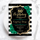 80e Verjaardagsuitnodiging Zwart Wit Strepen Rozen Kaart