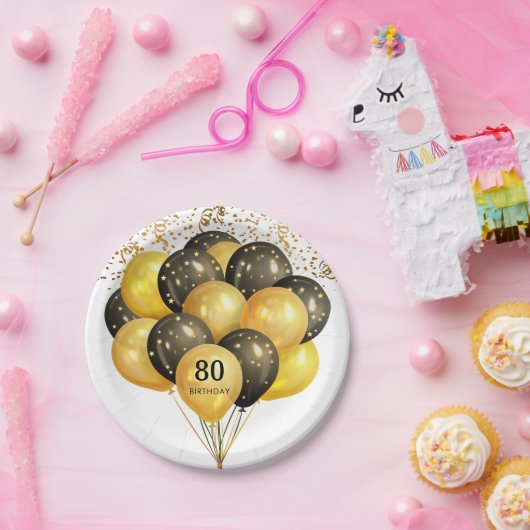 80e Verrassing Verjaardag Zwart Goud Glitter Papie Papieren Bordje (Feest)