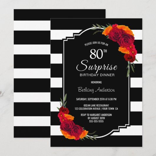 80e verrassingsdag avondeten zwart, wit gestreept kaart (Voorkant / Achterkant)