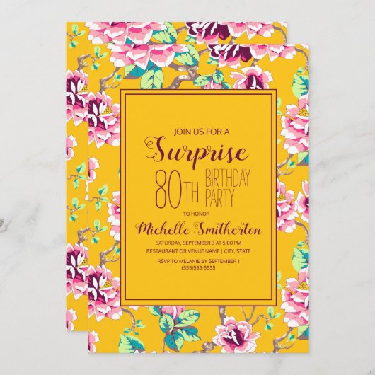 80e verrassingsdag partijgeel roze bloemen (Voorkant / Achterkant)