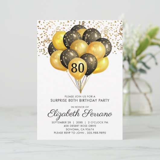 80e verrassingsdag zwarte goudglitter kaart (Staand voorkant)