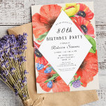 80e Wildflower Botanische rode klaprozen Verjaarda Kaart<br><div class="desc">80th Birthday Wildflower Design is gemaakt met behulp van waterverf bloemen en aangepaste tekst voor u. De plantaardige stoffen die je ziet zijn boterbloemen, rode papavers en paarse klaver. De tekst die u ziet, kan worden aangepast aan uw eigen partijbehoeften. Op de achterkant van deze op bloemen geïnspireerde uitnodiging staat...</div>