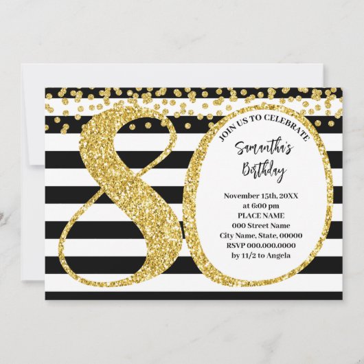 80e Zwart Wit en Goud Glitter Moderne Verjaardag Kaart (Voorkant)