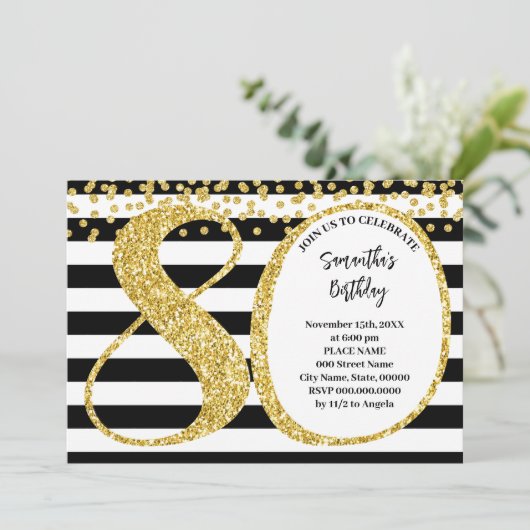80e Zwart Wit en Goud Glitter Moderne Verjaardag Kaart (Staand voorkant)