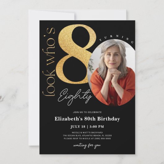 80e zwarte gouduitnodiging met foto kaart (Voorkant)