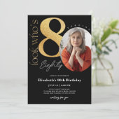 80e zwarte gouduitnodiging met foto kaart (Staand voorkant)