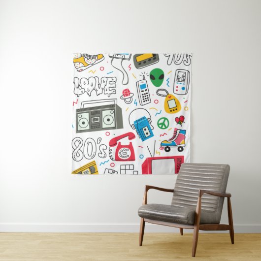  80's 90's doedelen met boem box, televisie wandkleed (In situ)