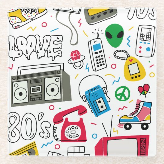  80's 90's Doodle collectie. Glazen Onderzetter (Voorkant)