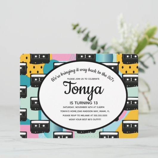 80s 90s Feest Roze Collage Cassette Terugblik Kaart (Staand voorkant)