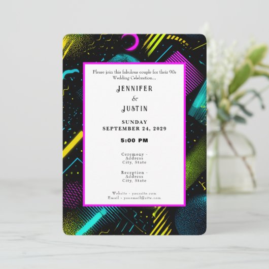 80s 90s Neon Retro Pattern Wedding Invitation Kaart (Staand voorkant)