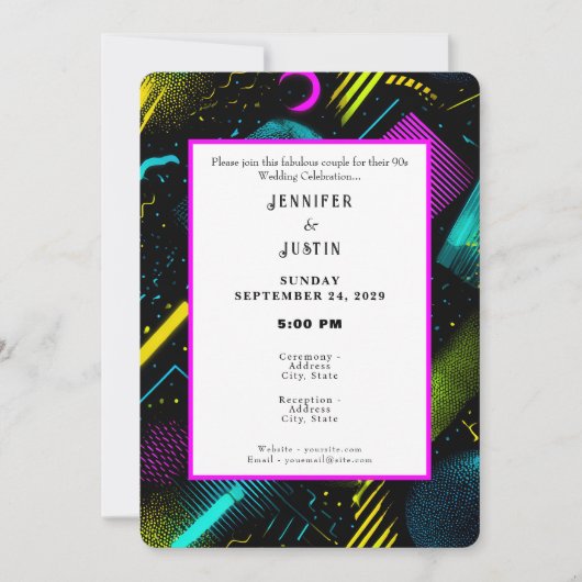 80s 90s Neon Retro Pattern Wedding Invitation Kaart (Voorkant)