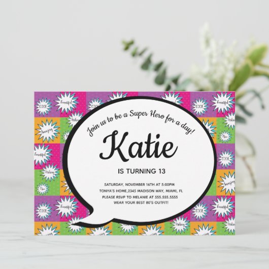 80s 90s Roze Comic Super Hero Throw Back Kaart (Staand voorkant)