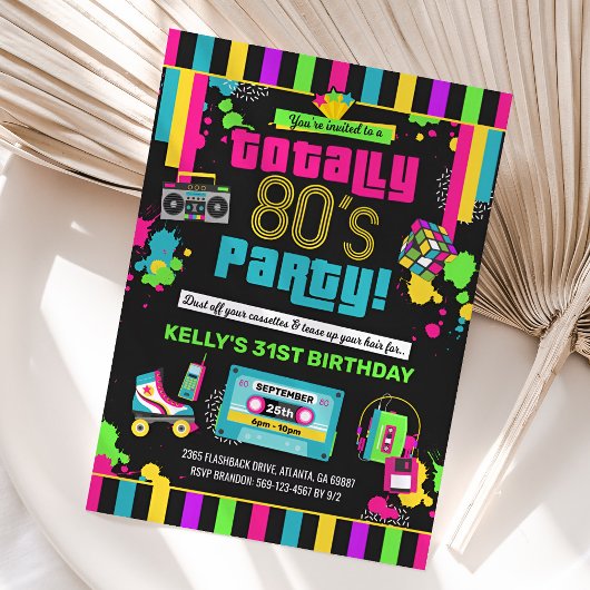 80s Birthday Invitation, 80s Party Invite, Neon Kaart