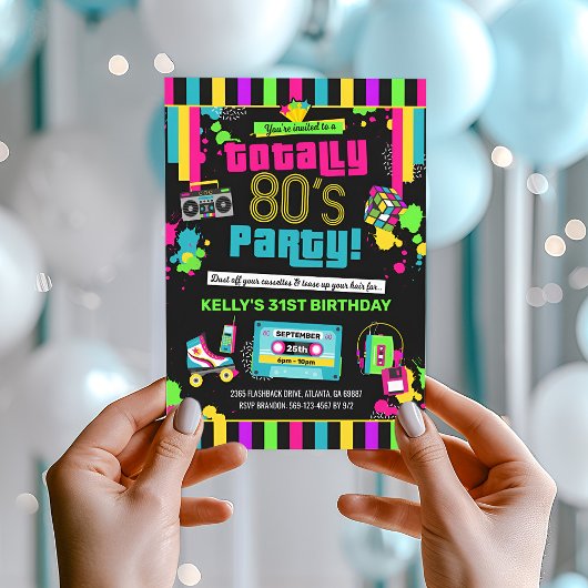 80s Birthday Invitation, 80s Party Invite, Neon Kaart