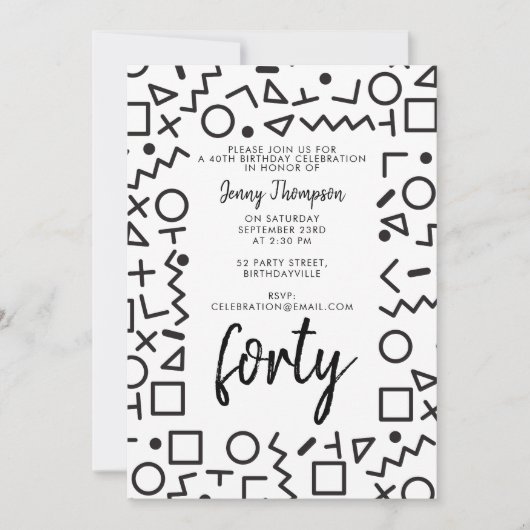 '80's Black White Retro Shapes Birthday Party' (Zw Kaart (Voorkant)